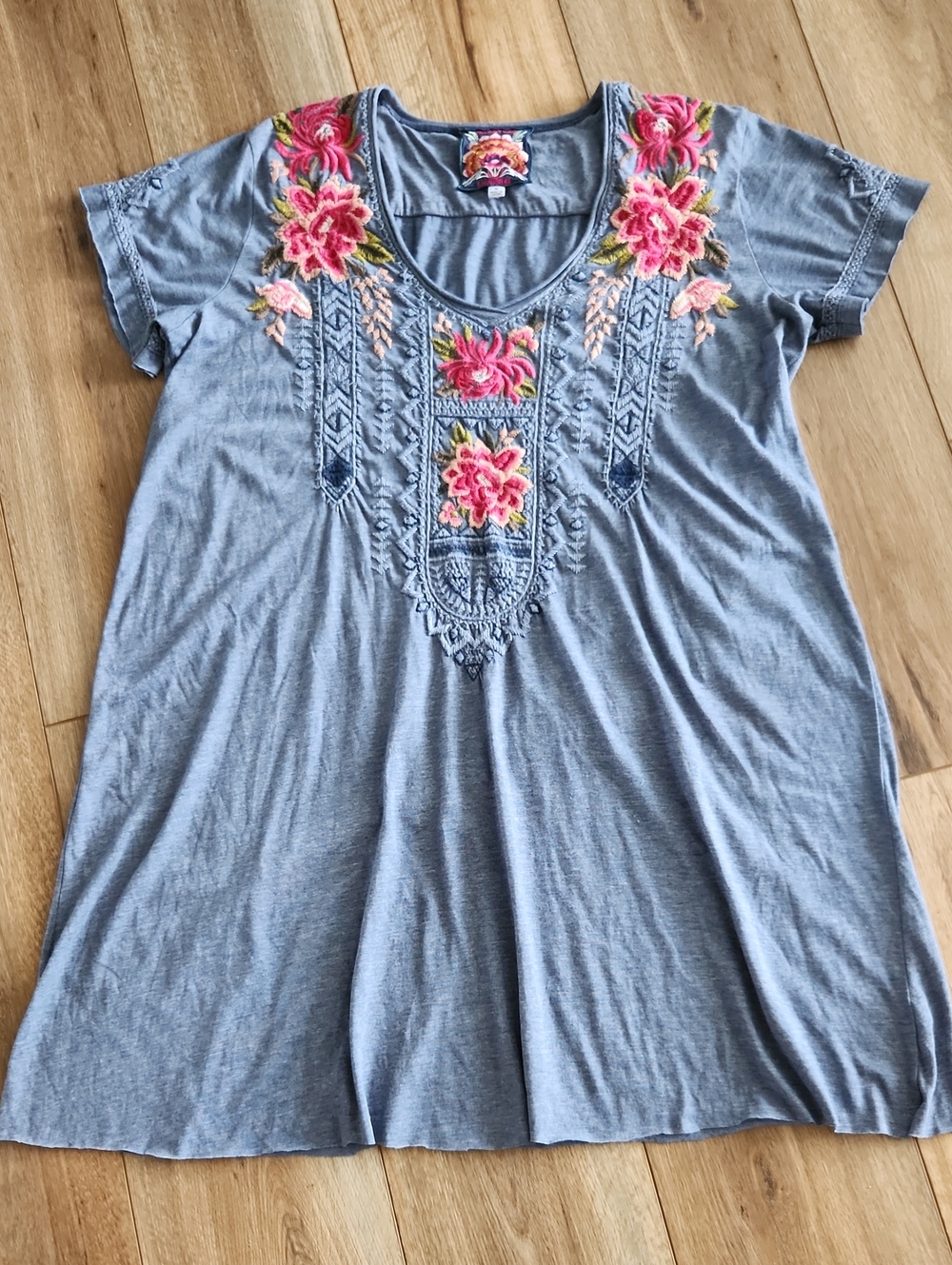 Johnny Was Davis Drape Tunic Dress Blue Floral Embroidery Womens Size Medium
